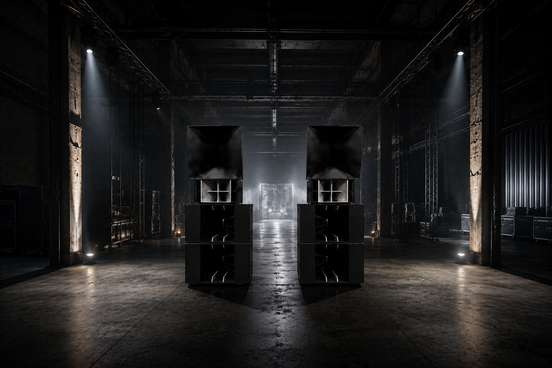Warehouse med soundsystem i mitten, dunkel industriell hall
